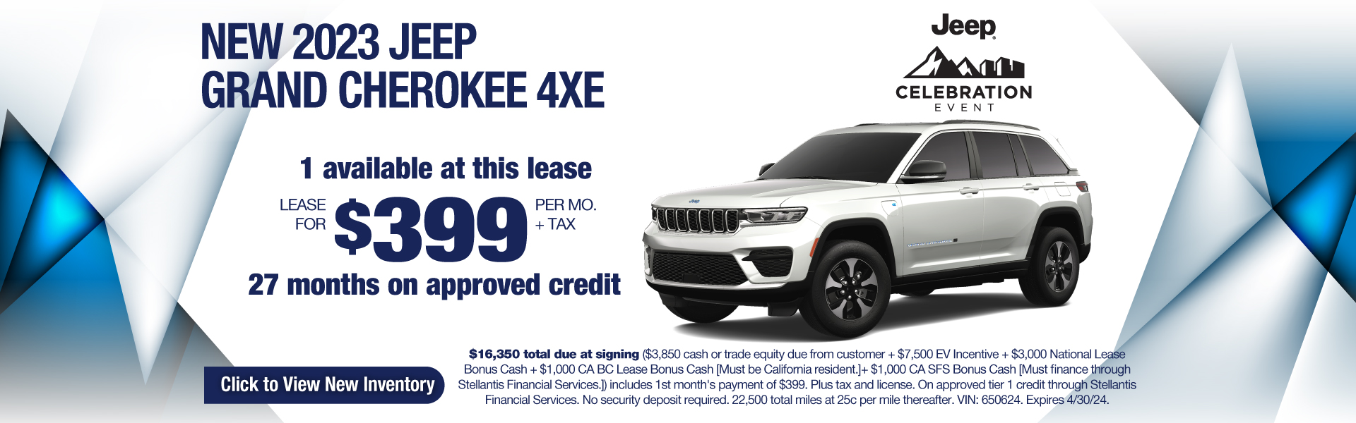 Lease a New 2023 Jeep Grand Cherokee 4xe for $399 per month plus tax! Expires 4/30/24.