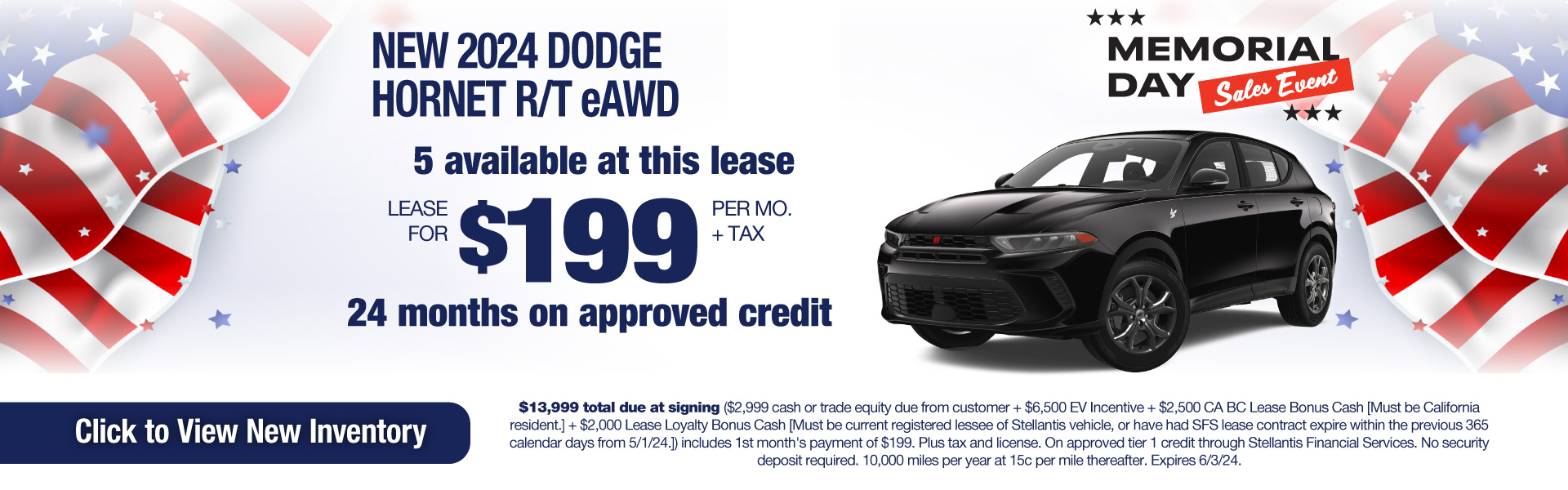 Lease a New 2024 Dodge Hornet R/T eAWD for $199 per month plus tax! Expires 6/3/24.